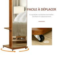 HOMCOM Miroir sur Pied avec roulettes - Portant, 4 patères étagère MDF Aspect Noyer(m-4)