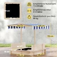 Outsunny Sandkasten 106x106 cm Kinder Sandbox aus Holz mit höhenverstellbar Abdeckung Sitzbänken Rücklehnen Blau(m-3)