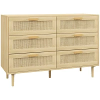 HOMCOM Cómoda para Dormitorio con 6 Cajones con Frontal de Ratán Patas de Madera Cajonera Estilo Bohemio 110x40x75 cm Roble(m-1)
