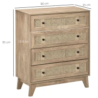 HOMCOM Storage Cabinet, 4-Drawer Unit with Rattan Element for Bedroom, Living Room, 80cmx35cmx95cm, Wood Effect(m-3)