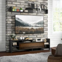 HOMCOM Mobile TV con Mensola a Muro, Ripiani Aperti e Armadietto in Legno, Nero e Marrone(m-15)