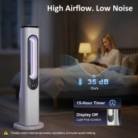 HOMCOM Bladeless Tower Fan for Bedroom, 35dB Standing Cooling Fan with Oscillating, LED Lights, 3 Speeds, 15H Timer, White(m-8)