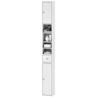 HOMCOM Colonna Bagno Salvaspazio con 2 Armadietti, 3 Ripiani Aperti e Cassetto, in Legno, 20x20x178 cm, Bianco(m-11)