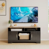 HOMCOM Meuble TV banc TV en bois avec 2 niches 2 armoires à porte une armoire ouverte 105 x 40 x 52 cm effet bois noir(m-9)