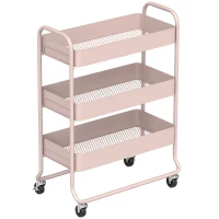 HOMCOM 3-Tier Storage Trolley on Wheels, Rolling Utility Cart with Mesh Backets for Kitchen, Bathroom, Bedroom, Light Pink(m-1)