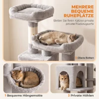 PawHut Kratzbaum Große, 200 cm hoch Katzenbaum mit 2 Betten, 3 Höhlen, Hängematte, 3 Bällen für 1-3 Katzen unter 6 kg, Hellgrau(m-5)