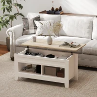 HOMCOM Mesa de Centro com Bancada Elevável 2 Compartimentos Abertos Bancada de Madeira 105x50x49 cm Branco e Madeira(m-10)
