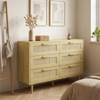 HOMCOM Cómoda para Dormitorio con 6 Cajones con Frontal de Ratán Patas de Madera Cajonera Estilo Bohemio 110x40x75 cm Roble(m-2)