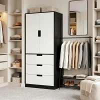 HOMCOM 2 Door Wardrobe, Modern Wardrobe with 3 Drawers and Hanging Rod for Bedroom, Black(m-2)
