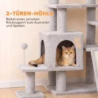 PawHut Kratzbaum Große, 152 cm hoch Katzenbaum mit Kratzstämmen Höhlen mit 2 Eingängen 3 Bällen Hängematte, 6 kg, Hellgrau(m-7)
