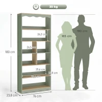 HOMCOM Bibliothèque, étagère de rangement à 6 niveaux avec 6 compartiments ouverts, 76 x 23,8 x 180 cm, bois naturel et vert(m-3)