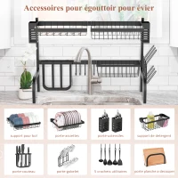 HOMCOM Égouttoir à vaisselle au-dessus de l'évier, séchoir à vaisselle 2 niveaux, modulables en acier 81,5 x 31,5 x 53,5cm noir(m-5)