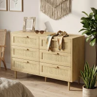 HOMCOM Cómoda para Dormitorio con 6 Cajones con Frontal de Ratán Patas de Madera Cajonera Estilo Bohemio 110x40x75 cm Roble(m-8)