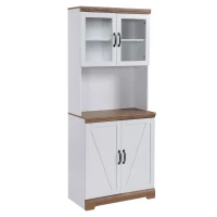 HOMCOM Armário de Cozinha com 2 Portas de Vidro Prateleiras Ajustáveis Bancada e Sistema Anti-Tombo 72x40x178cm Branco e Madeira(m-11)