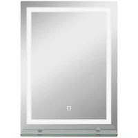 kleankin Espelho para Casa de Banho 50x70 cm com Moldura de Alumínio, Luzes LED Interruptor Tátil e Prateleira de Vidro para Casa de Banho Prata(m-1)