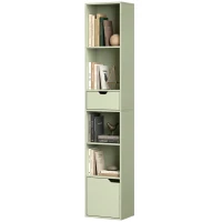 HOMCOM 6-Tier Bookcase, Tall Narrow Bookshelf with Drawer and Door - Green(m-14)