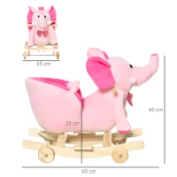 HOMCOM Cheval à Bascule Jouet à Bascule éléphant et Porteur sur roulettes 2 en 1 Fonction Musicale 32 Pistes Ceinture sécurité Rose(m-3)