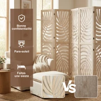 HOMCOM Paravent interieur en bois 6 panneaux 240 x 170 cm, pliable et portable, motif de feuille, design amovible, bois naturel(m-6)