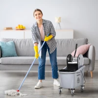HOMCOM Balde de Esfregona Comercial com Espremedor de Pressão para Baixo Capacidade 36L com 4 Rodas 2 Cubetas 54x41x91,5 cm Cinza(m-2)