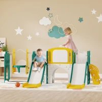 AIYAPLAY 9-in-1 Rutschen- und Schaukelset für Kleinkinder, mit Basketballkorb, Teleskop, Zeichenbrett, Frosch-Design, Gelb+Grün(m-2)