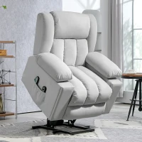 HOMCOM Elektrische TV Fauteuil met Opsta-hulp Relaxfauteuil met Lig-, Warmte- en Massagefunctie Massagesessel met Afstandsbediening Bekerhouder Zijvak USB Pocketvering Fluweel Lichtgrijs(m-2)