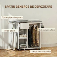 HOMCOM Dulap cu masă de călcat cu roți, suport pentru fier de călcat, bară pentru haine, sertar și rafturi, 125 x 43,5 x 112 cm, alb(m-5)