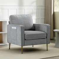 HOMCOM Fauteuil en tissu avec pieds en acier doré, grand confort, pochettes latérales, pour salon, bureau, chambre, gris(m-2)