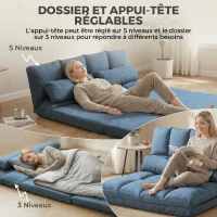 HOMCOM Chauffeuse matelas d'appoint pliant convertible - inclinaison dossier réglable 14 positions - 2 coussins inclus, bleu(m-4)