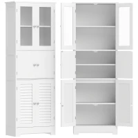HOMCOM Meuble de salle de bain haut, meuble de rangement avec 6 portes dont 2 vitrées et 2 persiennes, étagère réglable, blanc(m-1)