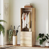 HOMCOM Armadio Guardaroba con Asta Appendiabiti, Ripiano Aperto e 3 Cassetti, in Legno, 60x48.5x185 cm, color Teak(m-5)