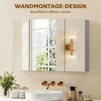 kleankin Wandmontierter Badezimmerspiegelschrank, Medizinschrank mit 3 Türen, Verstellbare Einlegeböden, Grau(m-4)