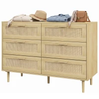 HOMCOM Cómoda para Dormitorio con 6 Cajones con Frontal de Ratán Patas de Madera Cajonera Estilo Bohemio 110x40x75 cm Roble(m-10)