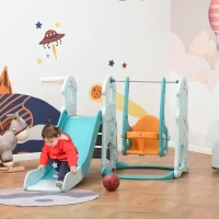 HOMCOM 3 in 1 Kinderrutsche Kinderschaukel Set Spielturm für Kinder 18 bis 48 Monaten Kinder Spielplatz mit Basketballkorb HDPE PP Blaugrün+Gelb 149 x 186 x 98 cm(m-10)