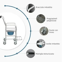HOMCOM Sedia Comoda con Ruote per Anziani 3 in 1, Sedia per WC in Alluminio con Secchio Rimovibile, Bianco(m-4)