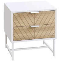 HOMCOM Table de chevet, table d'appoint, avec tiroirs, cadre en acier, pour salon chambre, 45 x 39 x 48 cm, blanc et chêne(m-1)