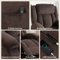 HOMCOM Aufstehsessel mit weichem Bezug, Recliner-Sessel mit Fernbedienung und Seitentaschen, Braun(m-6)