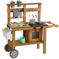 AIYAPLAY Matschküche Kinder Outdoor Spielküche aus Holz mit Wasserhahn Spüle Pflanzkasten Rädern Stauraum für 3-6 Jahre Braun(m-12)