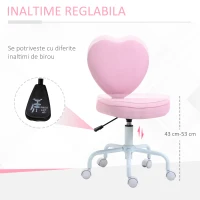 HOMCOM Scaun pentru Birou în Formă de Inimă cu 5 Roți și Înălțime Reglabilă din Material Textil Roz, 42x50x79-89cm(m-4)