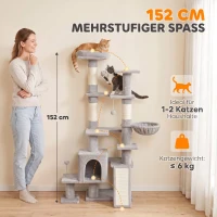 PawHut Kratzbaum Große, 152 cm hoch Katzenbaum mit Kratzstämmen Höhlen mit 2 Eingängen 3 Bällen Hängematte, 6 kg, Hellgrau(m-4)