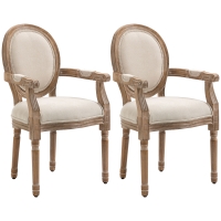 HOMCOM Lot de 2 chaises de Salle à Manger Chaise de Salon médaillon Style Louis XVI Bois Massif patiné sculpté Tissu Lin Crème