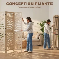 HOMCOM Paravent interieur en bois 6 panneaux 240 x 170 cm, pliable et portable, motif de feuille, design amovible, bois naturel(m-5)