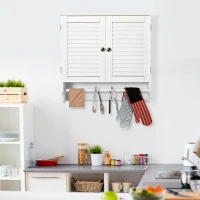 kleankin Armoire Murale Salle de Bain - Placard 2 Portes persiennes avec étagère - Porte-Serviette - Bois Blanc(m-10)