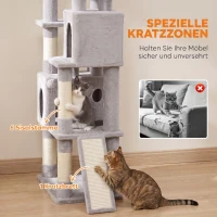 PawHut Kratzbaum Große, 200 cm hoch Katzenbaum mit 2 Betten, 3 Höhlen, Hängematte, 3 Bällen für 1-3 Katzen unter 6 kg, Hellgrau(m-6)