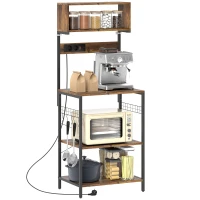HOMCOM Keukenrek, staand rek met 5 S-haken, 5 planken, stopcontact, van staal, Rustiek-Bruin, 60 x 42 x 153 cm(m-11)