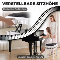 HOMCOM Klavierbank Höhenverstellbar Klavierhocker mit Gepolstertem Kissen, Samtoptik, Beinen aus Kautschukholz Weiß(m-4)