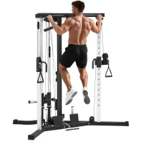 SPORTNOW Kraftstation Fitnessstation mit Latzug, Klimmzugstange Curl-/Ruderstange Griffe, 15-fach verstellbar(m-12)