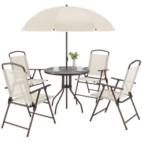 Outsunny Ensemble Salon de Jardin 6 pcs - Table Ronde + 4 chaises Pliables + Parasol - Acier époxy café textilène Polyester Beige(m-11)