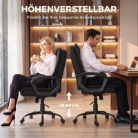 HOMCOM Chefsessel mit doppellagiger Polsterung, Bürostuhl aus Stoff, höhenverstellbar, mit Armlehnen, Schwarz(m-7)
