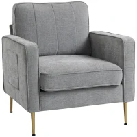 HOMCOM Fauteuil en tissu avec pieds en acier doré, grand confort, pochettes latérales, pour salon, bureau, chambre, gris(m-1)