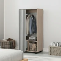 HOMCOM Armoire penderie armoire de rangement mobile avec rideau, tringle de suspension, 60 x 40 x 128 cm, effet bois naturel(m-7)